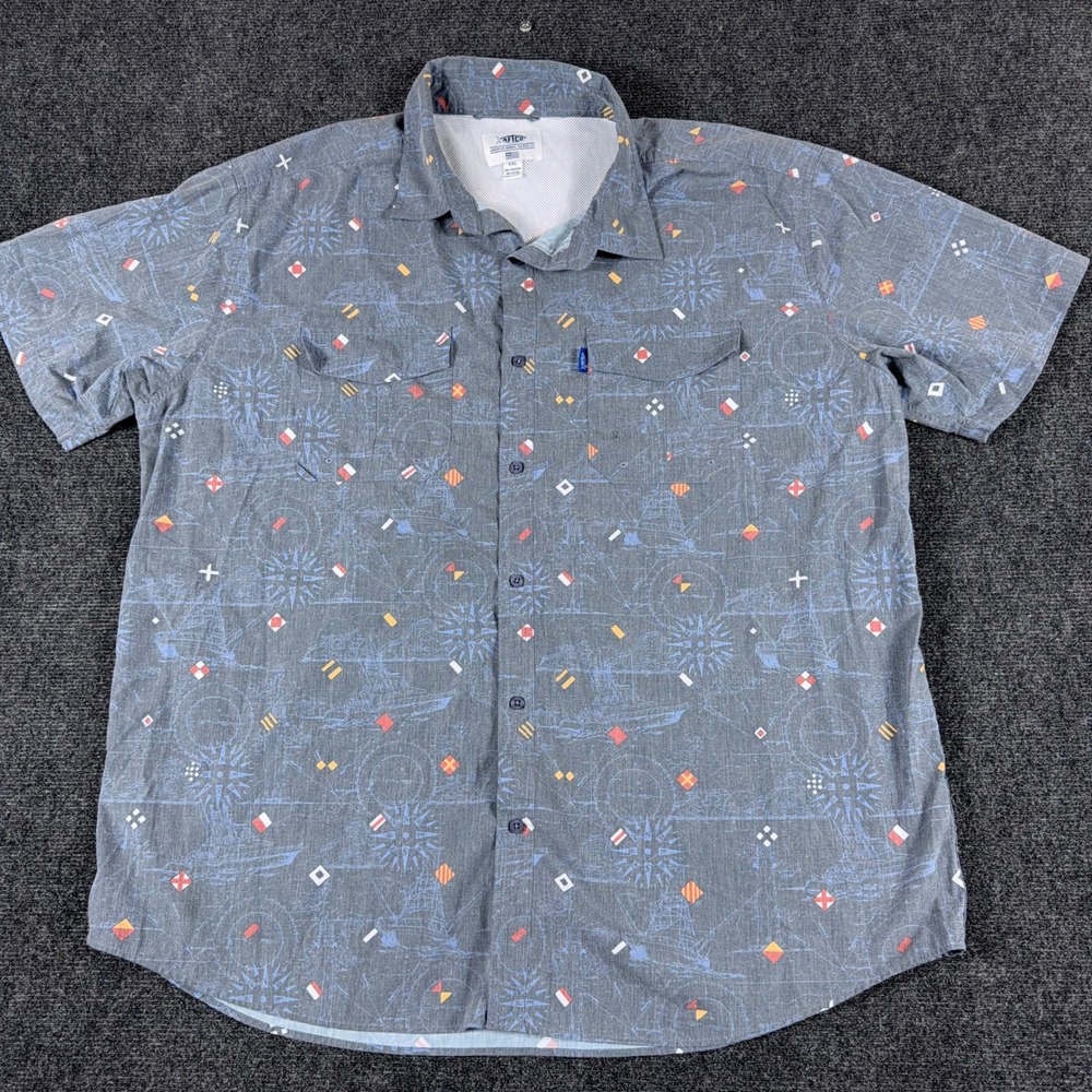 AFTCO Fishing Shirt Nautical Maritime Flag Compass Print XXL Gray Short Sleeve